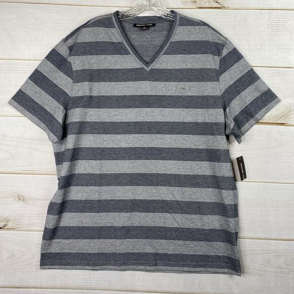 Michael Kors Mens Shirt Sz XL Gray Striped Gold Logo Short Sleeves V-Neck NWT - Picture 1 of 10